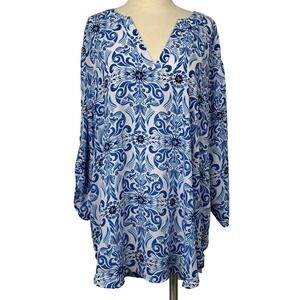 Cato Woman Blue White Print Tunic Top Plus Size 22/24W V Neck 3/4 Sleeve